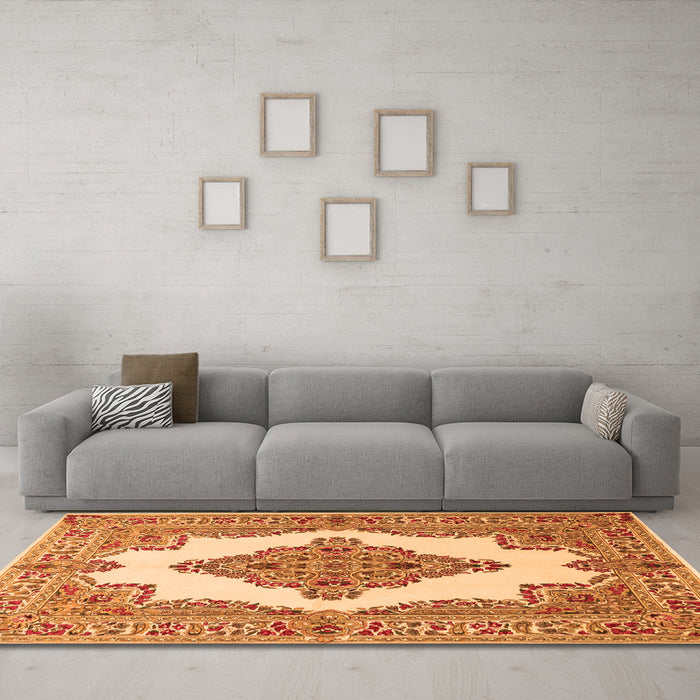 Machine Washable Medallion Orange Traditional Area Rugs in a Living Room, wshtr1546org
