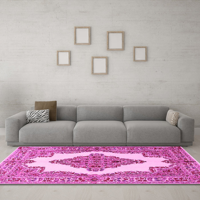 Machine Washable Medallion Pink Traditional Rug in a Living Room, wshtr1546pnk