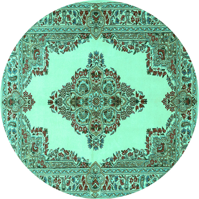 Round Machine Washable Medallion Turquoise Traditional Area Rugs, wshtr1546turq