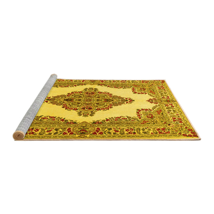 Sideview of Machine Washable Medallion Yellow Traditional Rug, wshtr1546yw