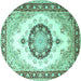 Round Machine Washable Medallion Turquoise Traditional Area Rugs, wshtr1547turq