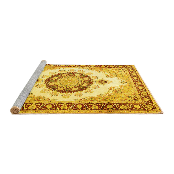 Sideview of Machine Washable Medallion Yellow Traditional Rug, wshtr1547yw