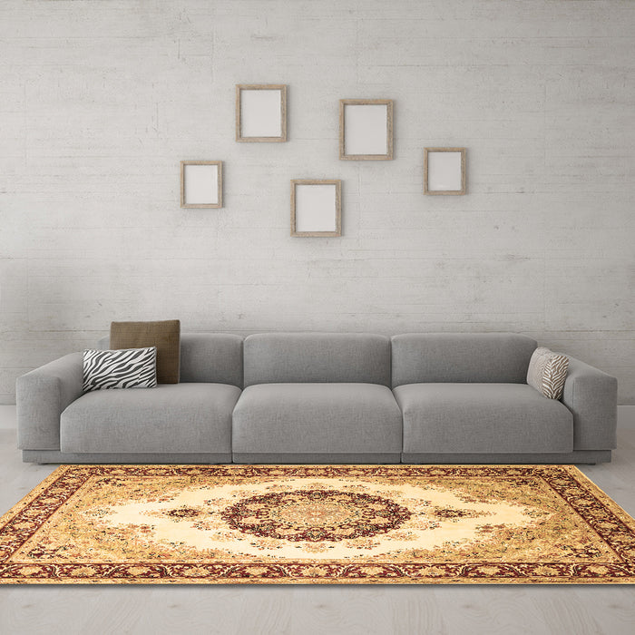 Machine Washable Medallion Brown Traditional Rug in a Living Room,, wshtr1547brn