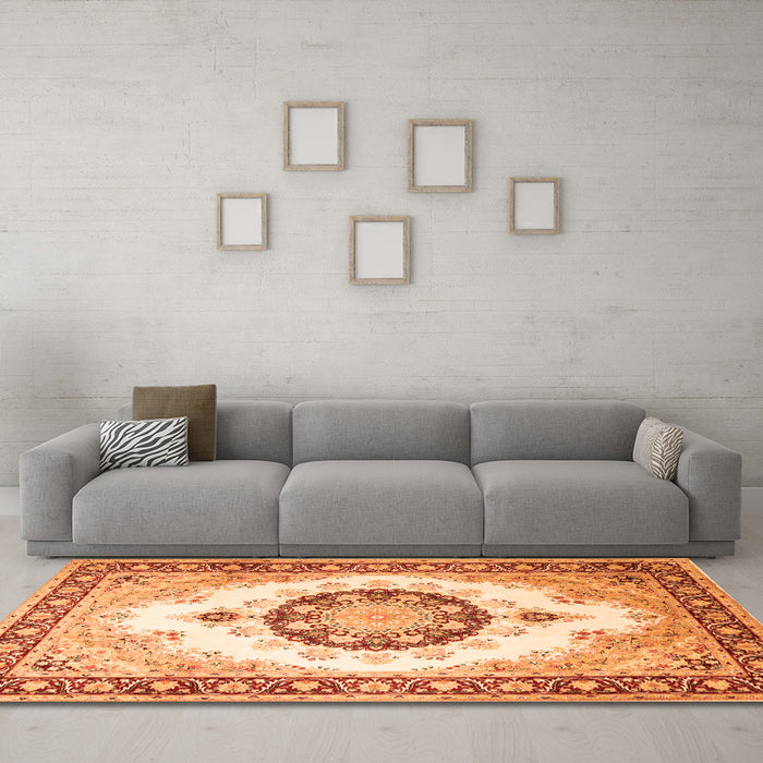 Machine Washable Medallion Orange Traditional Area Rugs in a Living Room, wshtr1547org