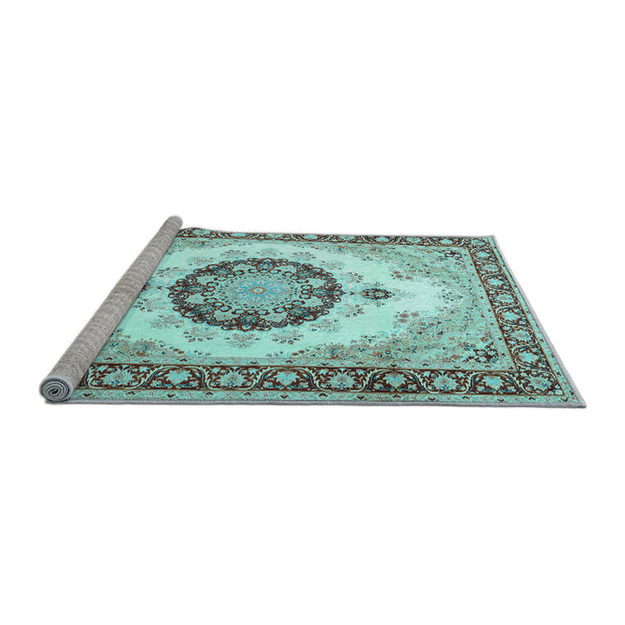 Sideview of Machine Washable Medallion Light Blue Traditional Rug, wshtr1547lblu