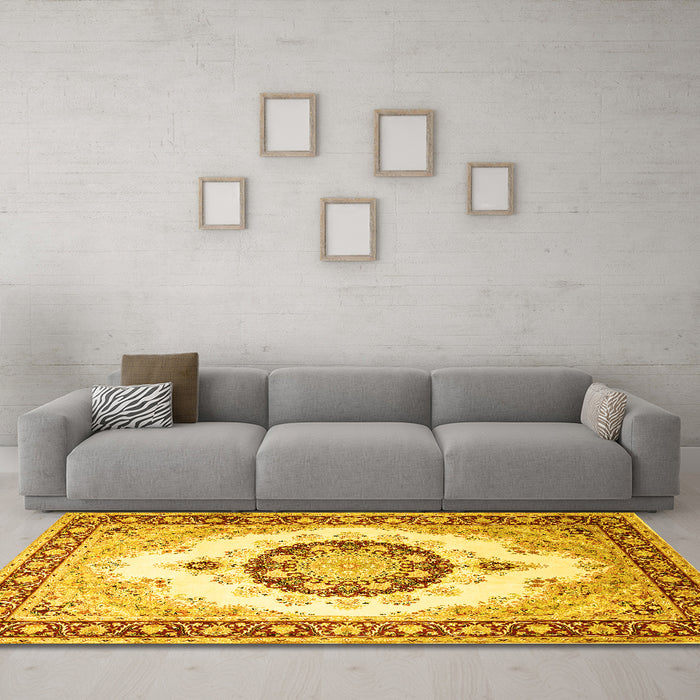 Machine Washable Medallion Yellow Traditional Rug in a Living Room, wshtr1547yw