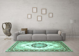 Machine Washable Medallion Turquoise Traditional Area Rugs in a Living Room,, wshtr1547turq