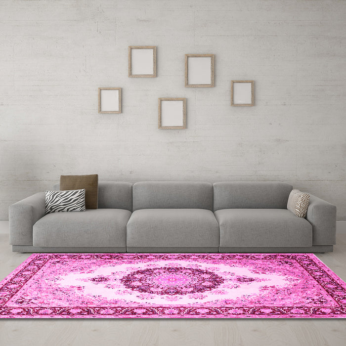 Machine Washable Medallion Pink Traditional Rug in a Living Room, wshtr1547pnk