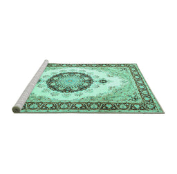 Sideview of Machine Washable Medallion Turquoise Traditional Area Rugs, wshtr1547turq