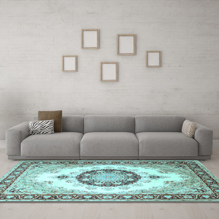 Machine Washable Medallion Light Blue Traditional Rug in a Living Room, wshtr1547lblu