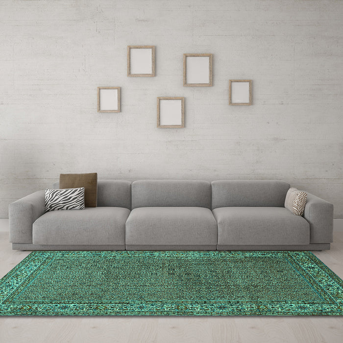 Machine Washable Persian Turquoise Traditional Area Rugs in a Living Room,, wshtr1548turq