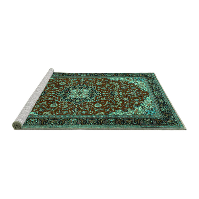 Sideview of Machine Washable Medallion Turquoise Traditional Area Rugs, wshtr1549turq