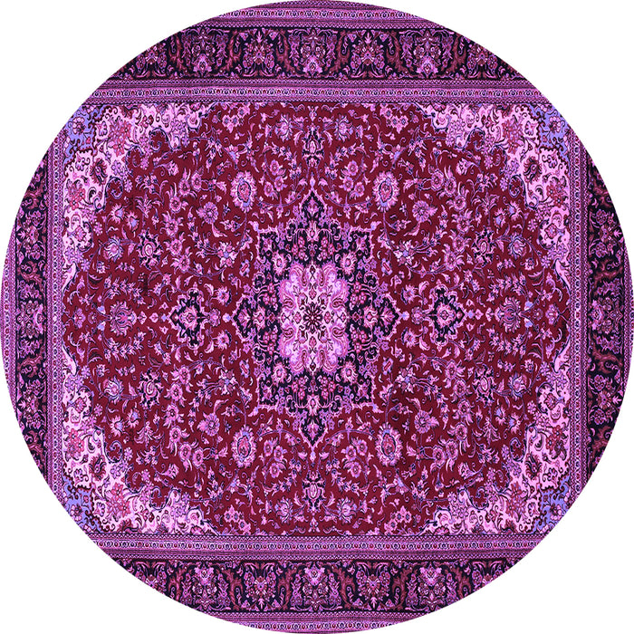 Round Machine Washable Medallion Purple Traditional Area Rugs, wshtr1549pur
