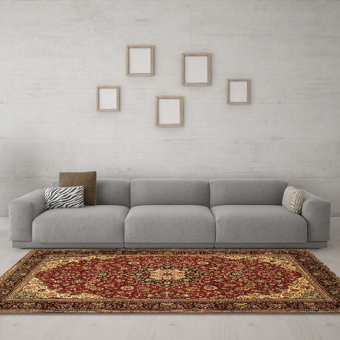 Machine Washable Medallion Brown Traditional Rug in a Living Room,, wshtr1549brn