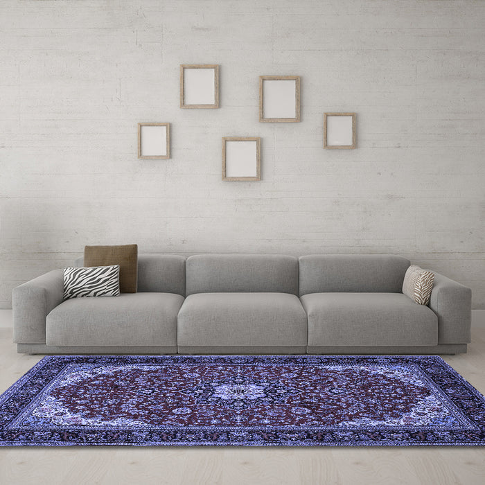 Machine Washable Medallion Blue Traditional Rug in a Living Room, wshtr1549blu