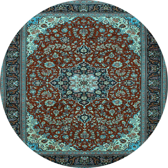 Round Machine Washable Medallion Light Blue Traditional Rug, wshtr1549lblu