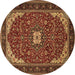 Round Machine Washable Medallion Brown Traditional Rug, wshtr1549brn