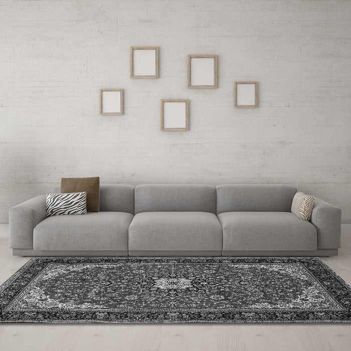 Machine Washable Medallion Gray Traditional Rug in a Living Room,, wshtr1549gry