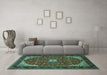 Machine Washable Medallion Turquoise Traditional Area Rugs in a Living Room,, wshtr1549turq