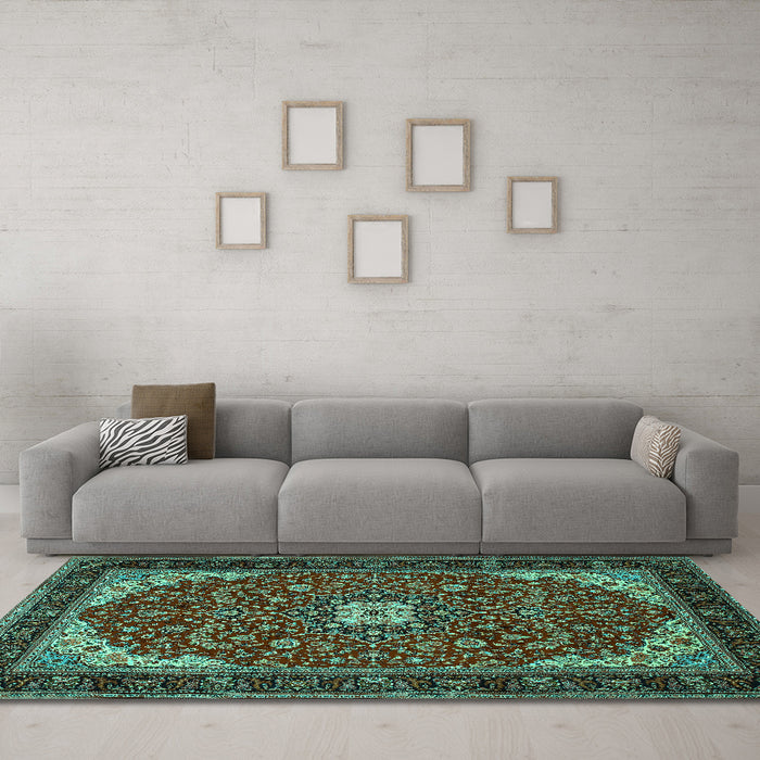 Machine Washable Medallion Turquoise Traditional Area Rugs in a Living Room,, wshtr1549turq