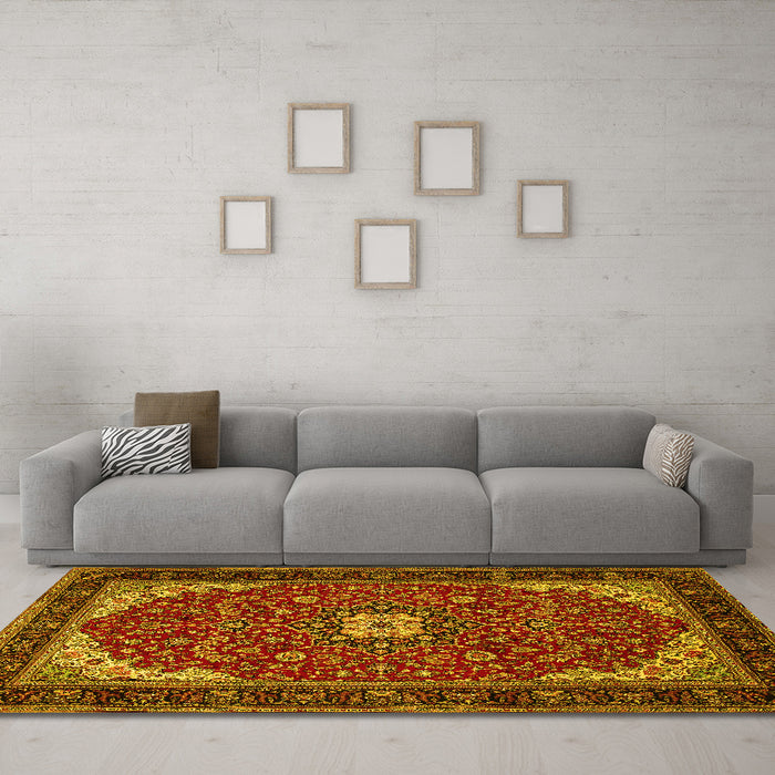 Machine Washable Medallion Yellow Traditional Rug in a Living Room, wshtr1549yw