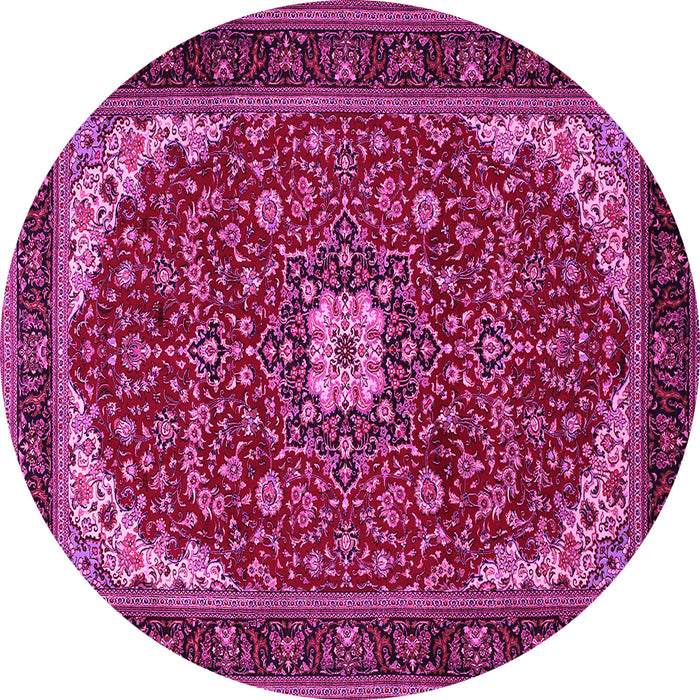 Round Machine Washable Medallion Pink Traditional Rug, wshtr1549pnk