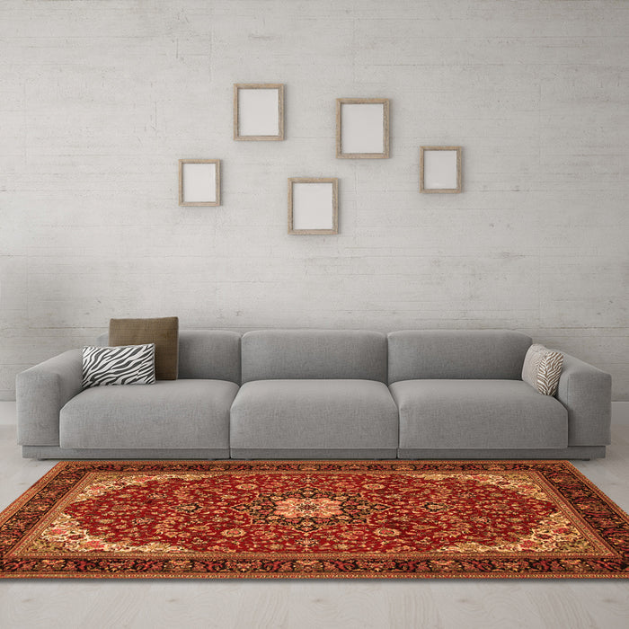 Machine Washable Medallion Orange Traditional Area Rugs in a Living Room, wshtr1549org