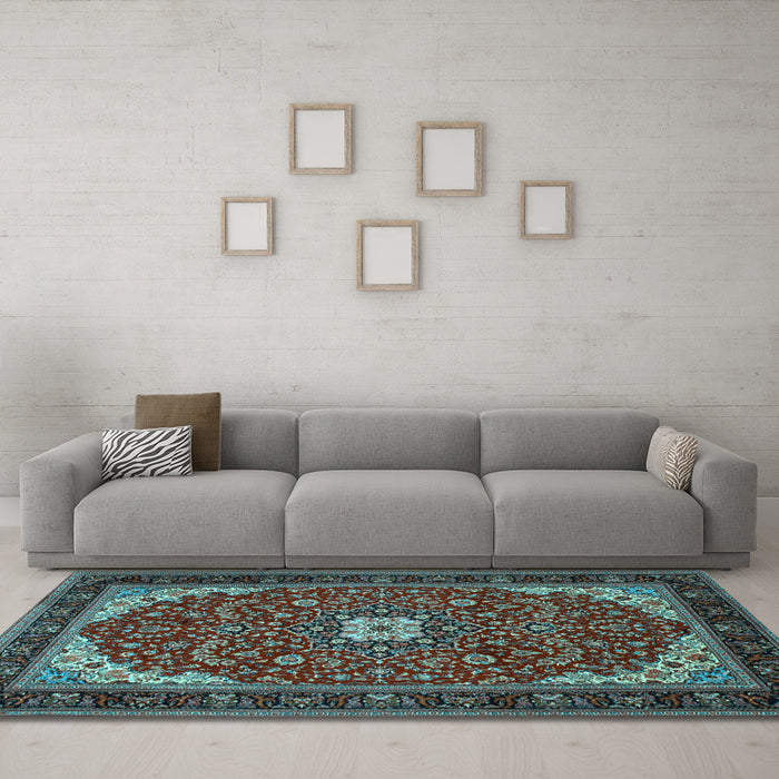 Machine Washable Medallion Light Blue Traditional Rug in a Living Room, wshtr1549lblu