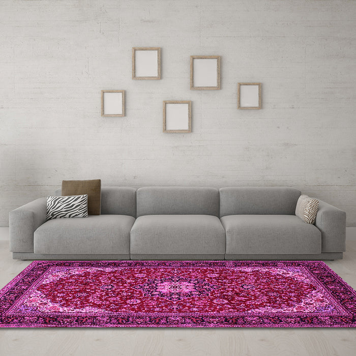 Machine Washable Medallion Pink Traditional Rug in a Living Room, wshtr1549pnk