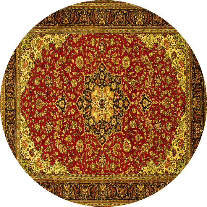 Round Machine Washable Medallion Yellow Traditional Rug, wshtr1549yw