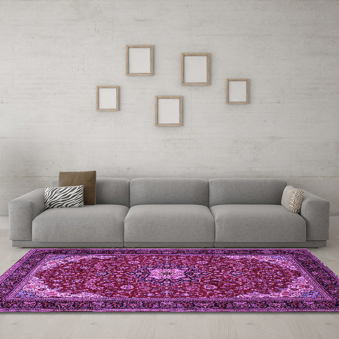 Machine Washable Medallion Purple Traditional Area Rugs in a Living Room, wshtr1549pur