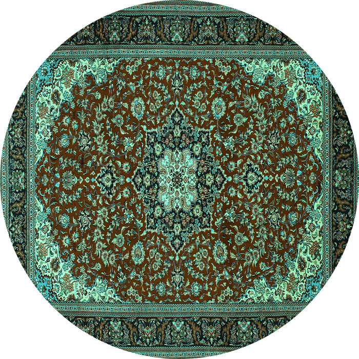 Round Machine Washable Medallion Turquoise Traditional Area Rugs, wshtr1549turq