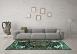 Machine Washable Persian Turquoise Traditional Area Rugs in a Living Room,, wshtr154turq
