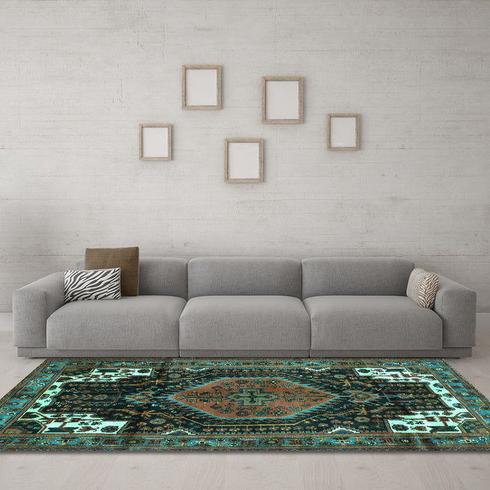 Machine Washable Persian Turquoise Traditional Area Rugs in a Living Room,, wshtr154turq