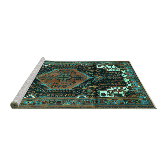 Sideview of Machine Washable Persian Turquoise Traditional Area Rugs, wshtr154turq
