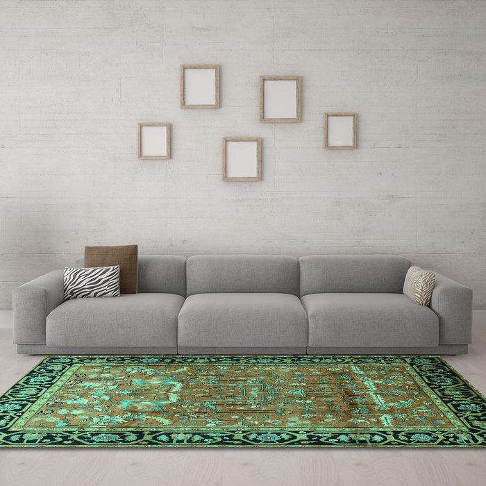 Machine Washable Persian Turquoise Traditional Area Rugs in a Living Room,, wshtr1550turq