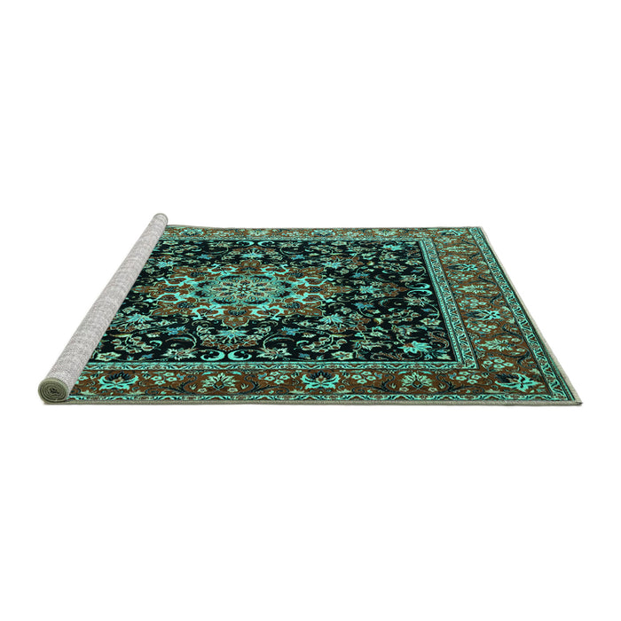 Sideview of Machine Washable Persian Turquoise Traditional Area Rugs, wshtr1551turq