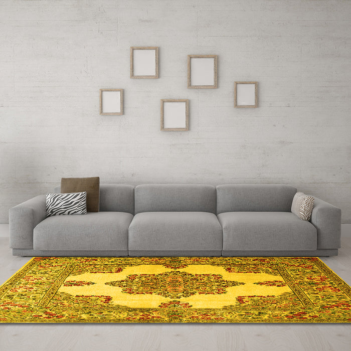 Machine Washable Persian Yellow Traditional Rug in a Living Room, wshtr1553yw