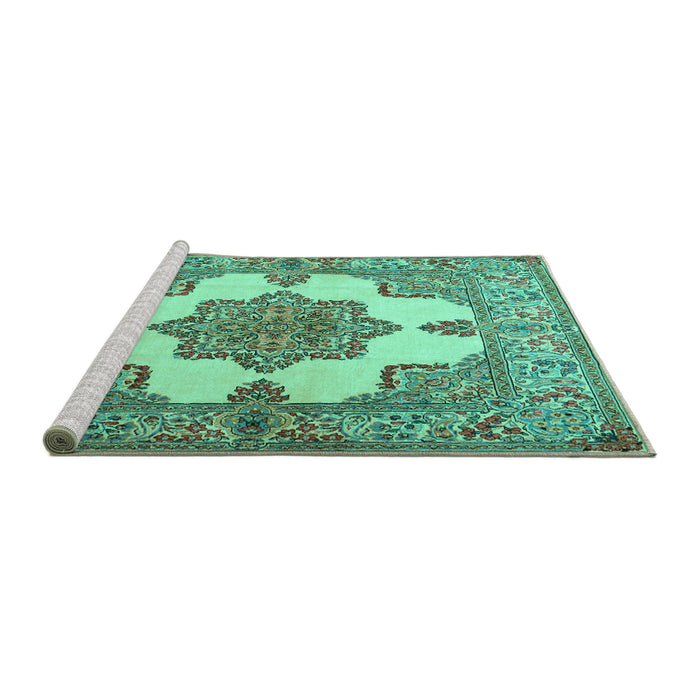 Sideview of Machine Washable Persian Turquoise Traditional Area Rugs, wshtr1553turq