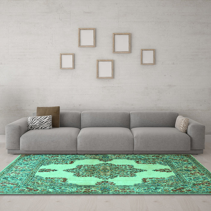 Machine Washable Persian Turquoise Traditional Area Rugs in a Living Room,, wshtr1553turq