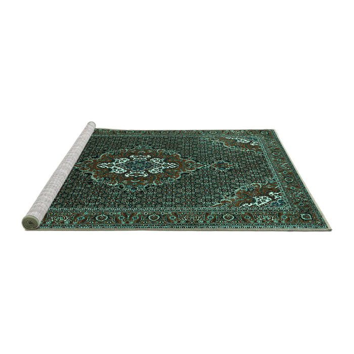 Sideview of Machine Washable Persian Turquoise Traditional Area Rugs, wshtr1555turq
