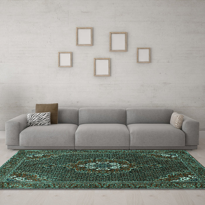 Machine Washable Persian Turquoise Traditional Area Rugs in a Living Room,, wshtr1555turq