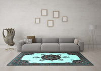 Machine Washable Medallion Light Blue Traditional Rug, wshtr1557lblu