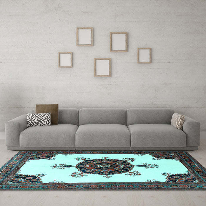 Machine Washable Medallion Light Blue Traditional Rug in a Living Room, wshtr1557lblu