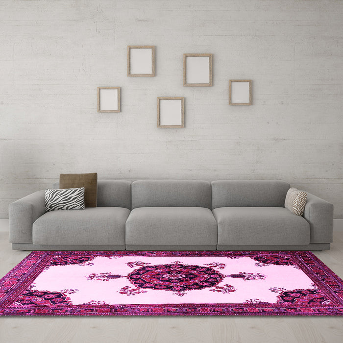 Machine Washable Medallion Pink Traditional Rug in a Living Room, wshtr1557pnk