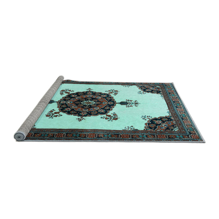 Sideview of Machine Washable Medallion Light Blue Traditional Rug, wshtr1557lblu