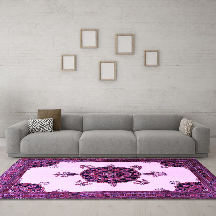 Machine Washable Medallion Purple Traditional Area Rugs in a Living Room, wshtr1557pur