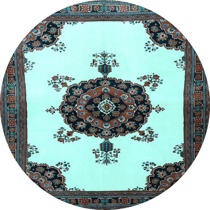 Round Machine Washable Medallion Light Blue Traditional Rug, wshtr1557lblu