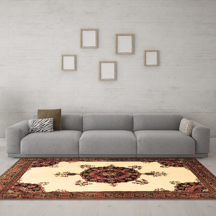 Machine Washable Medallion Brown Traditional Rug in a Living Room,, wshtr1557brn