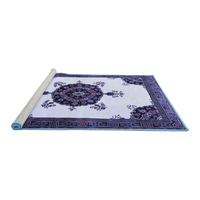 Sideview of Machine Washable Medallion Blue Traditional Rug, wshtr1557blu